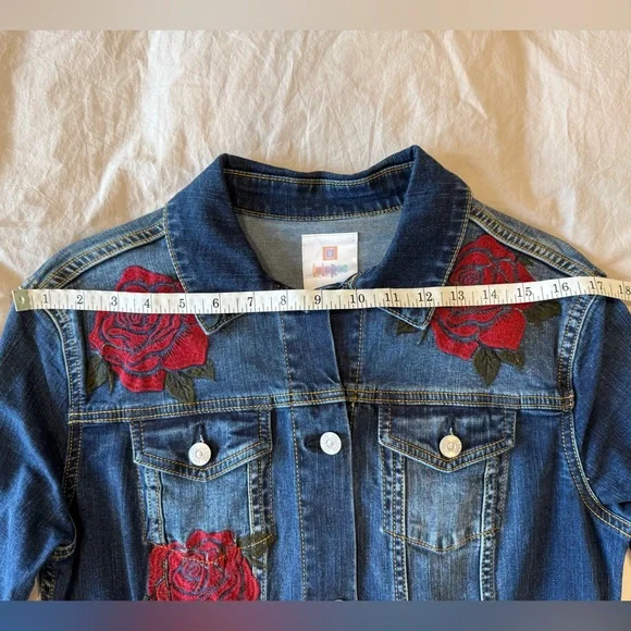Blue Denim Jacket with Red Floral Embroidery Size Small - Picture 9 of 9
